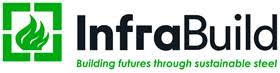 Logo of InfraBuild featuring a green stylized flame within a square frame, followed by the text "InfraBuild" in bold black. Beneath, the slogan reads "Building futures through sustainable steel" in green.