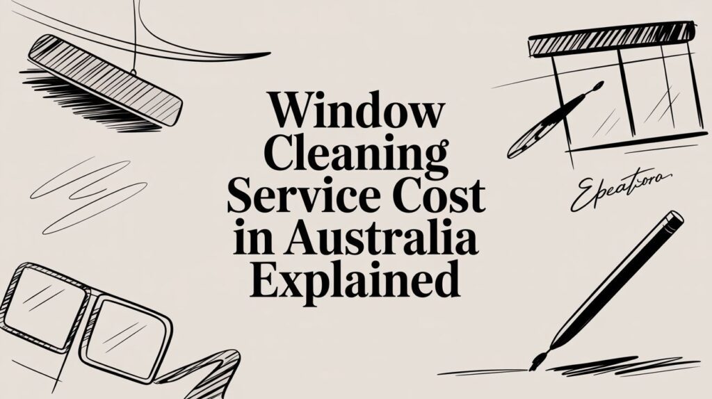 Stylized illustration with sketches of window cleaning tools and windows. Central black text reads: "Window Cleaning Service Cost in Australia Explained." Background is beige with black line drawings.