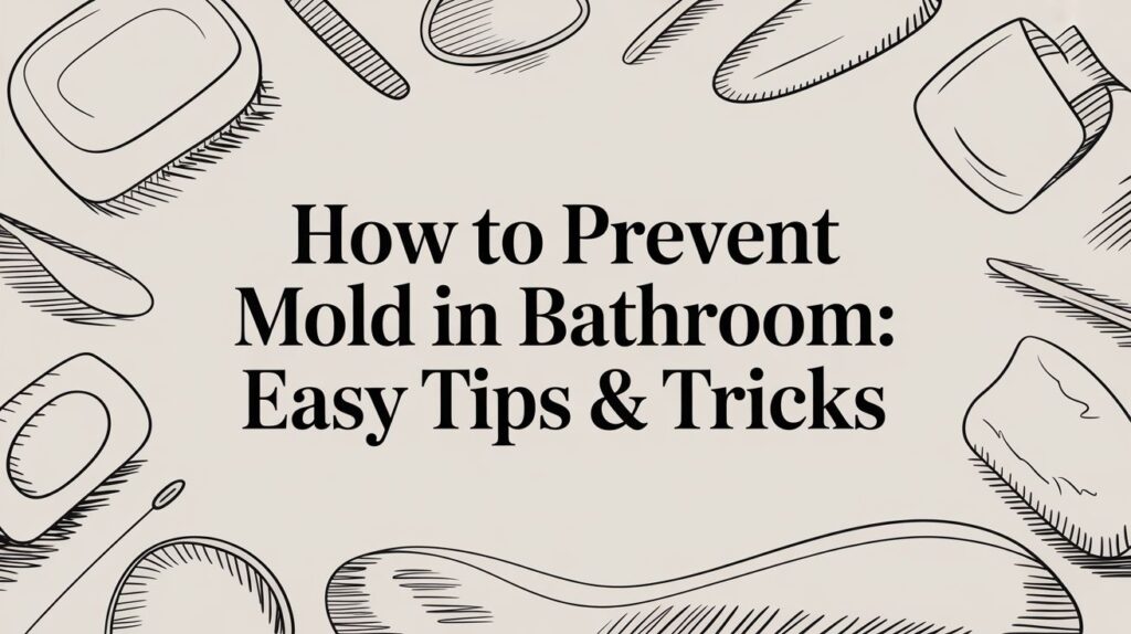 Text graphic with sketched bathroom items around the border and the words “How to Prevent Mold in Bathroom: Easy Tips & Tricks” in bold black font in the center on a beige background.
