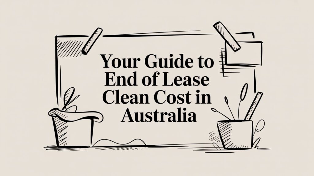 A hand-drawn frame with potted plants and taped corners surrounds the text: "Your Guide to End of Lease Clean Cost in Australia" on a beige background.