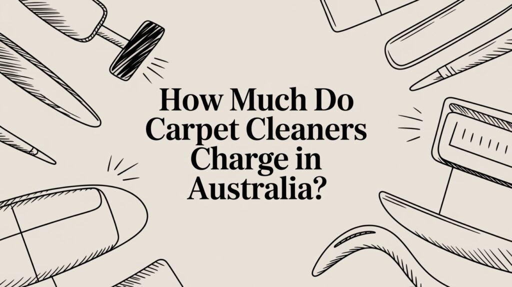 Text reads “How Much Do Carpet Cleaners Charge in Australia?” surrounded by illustrated cleaning tools including a vacuum, brush, and squeegee on a light background.