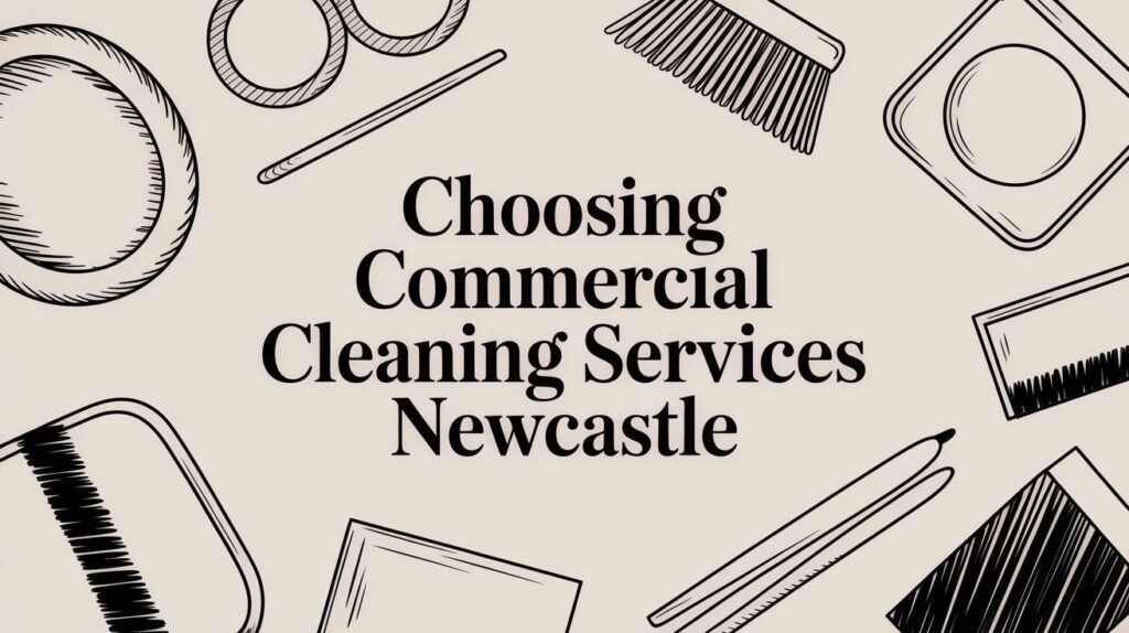 Text in the center reads “Choosing Commercial Cleaning Services Newcastle,” surrounded by black line drawings of cleaning supplies on a beige background.