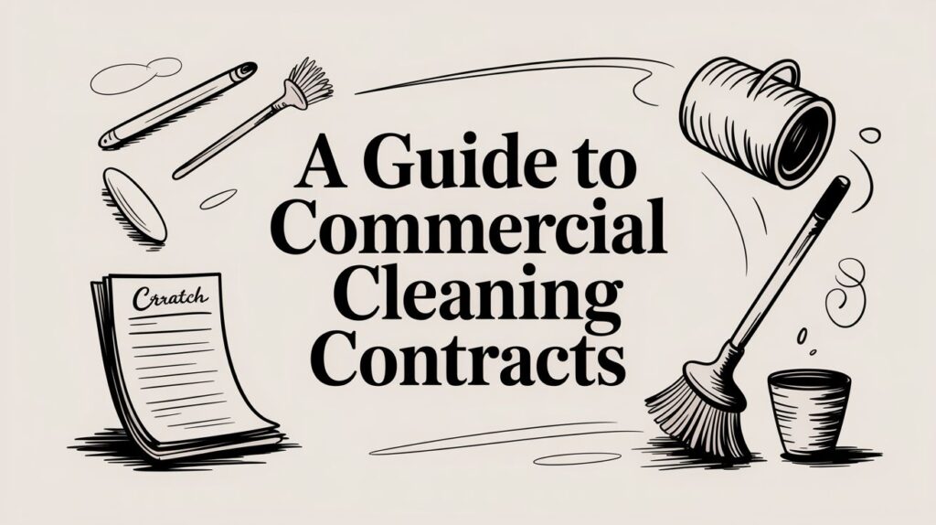 Illustration featuring the text "A Guide to Commercial Cleaning Contracts" surrounded by drawings of a mop, broom, cup, dustpan, pen, brush, and a contract labeled "Contract.