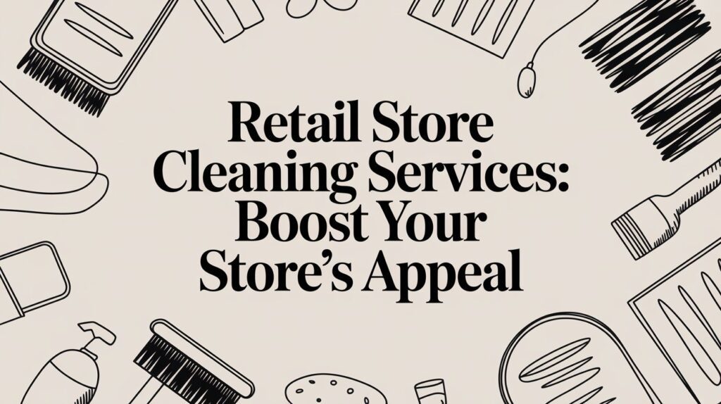 Illustrated border of cleaning tools surrounds the bold text "Retail Store Cleaning Services: Boost Your Store’s Appeal" on a light background.