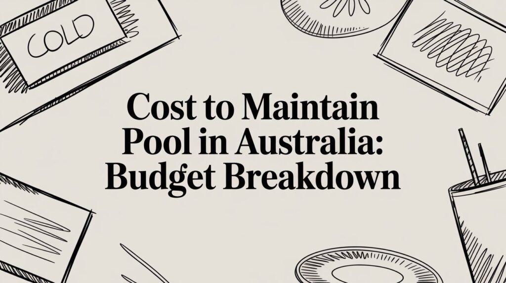 Text reads “Cost to Maintain Pool in Australia: Budget Breakdown” with hand-drawn illustrations of plates, drinks, and utensils around the border.