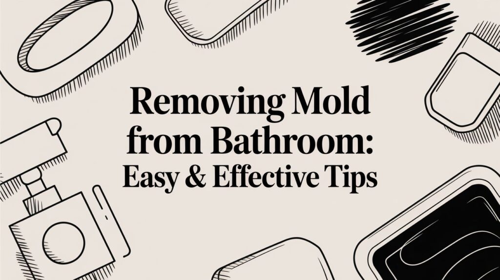 Text reads "Removing Mold from Bathroom: Easy & Effective Tips" on a beige background with black sketch-like drawings of bathroom items around the edges.