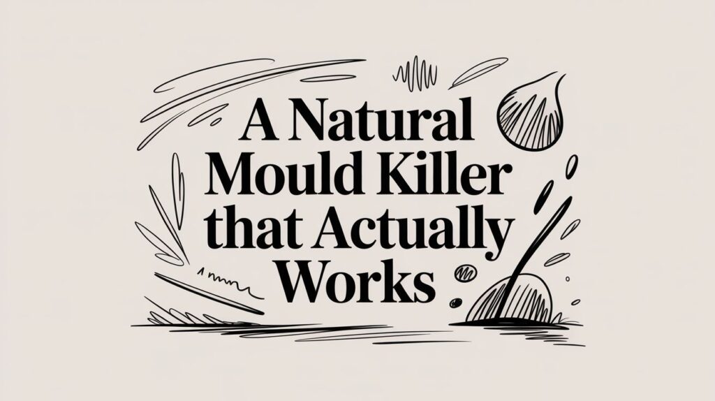 Text reads "A Natural Mould Killer that Actually Works" in bold black letters, surrounded by abstract black line drawings and shapes on a light beige background.