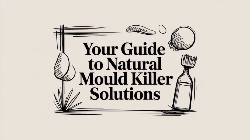 Black and white sketch with the text "Your Guide to Natural Mould Killer Solutions" surrounded by drawings of a plant, a spray bottle, and abstract shapes on a beige background.