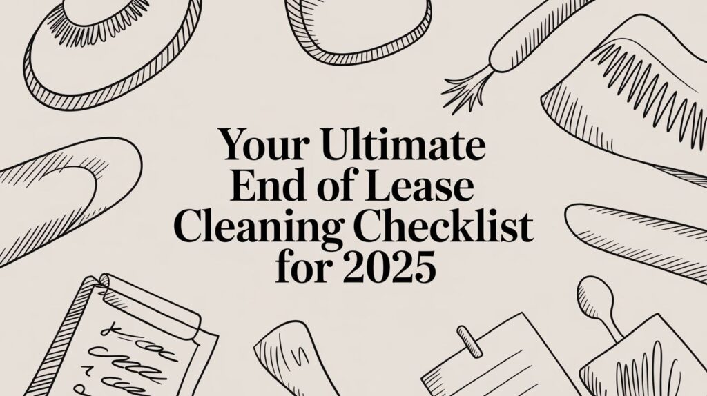 Text reads: "Your Ultimate End of Lease Cleaning Checklist for 2025" surrounded by black line drawings of cleaning tools, a notepad, and a hat on a beige background.