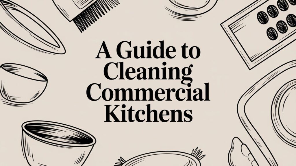 Text "A Guide to Cleaning Commercial Kitchens" is centered on a beige background, surrounded by black line drawings of kitchen utensils and equipment like bowls, plates, and a grater.