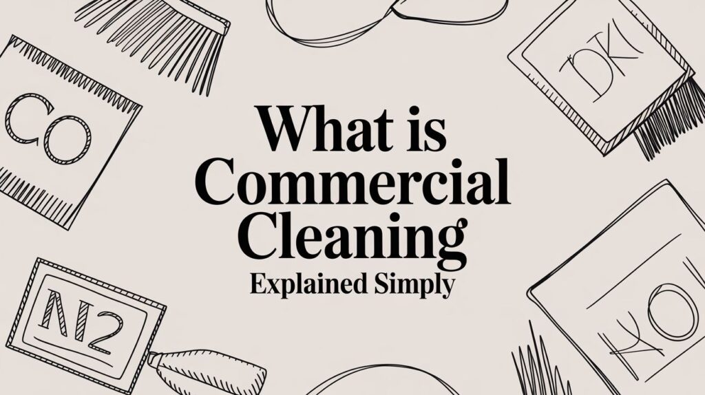 Black text reads "What is Commercial Cleaning Explained Simply" on a light background, surrounded by black line drawings of cleaning tools and labeled cards.