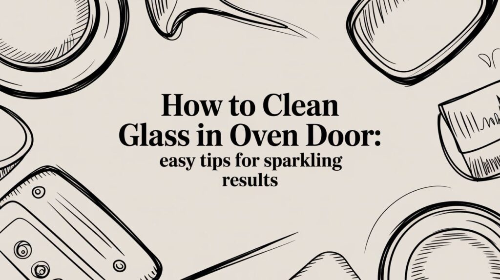 Text on a beige background reads: “How to Clean Glass in Oven Door: easy tips for sparkling results,” surrounded by black line drawings of kitchen utensils.