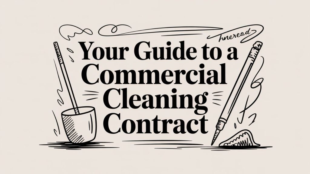 Illustration with bold text: "Your Guide to a Commercial Cleaning Contract." Surrounding the text are a mop in a bucket on the left and a pen signing a document on the right.