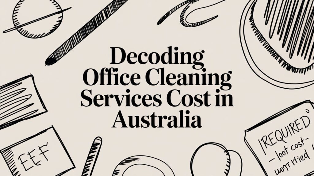 Text reads “Decoding Office Cleaning Services Cost in Australia”, surrounded by black pen sketches of a pen, paper, notebook, envelope, and paper clips on a light background.
