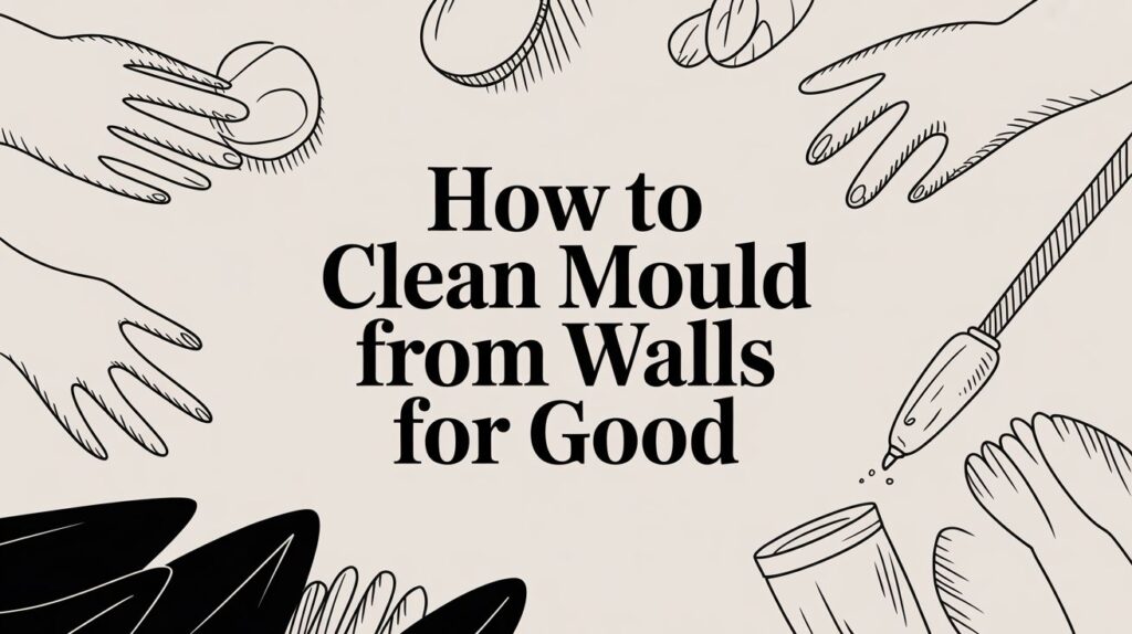 Illustrated hands with cleaning tools and supplies surround the central text: "How to Clean Mould from Walls for Good" on a light background.
