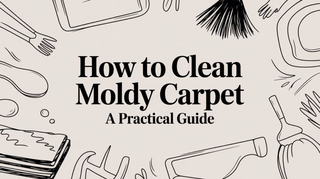 Illustrated cleaning tools surround the bold text: "How to Clean Moldy Carpet - A Practical Guide" on a light background.