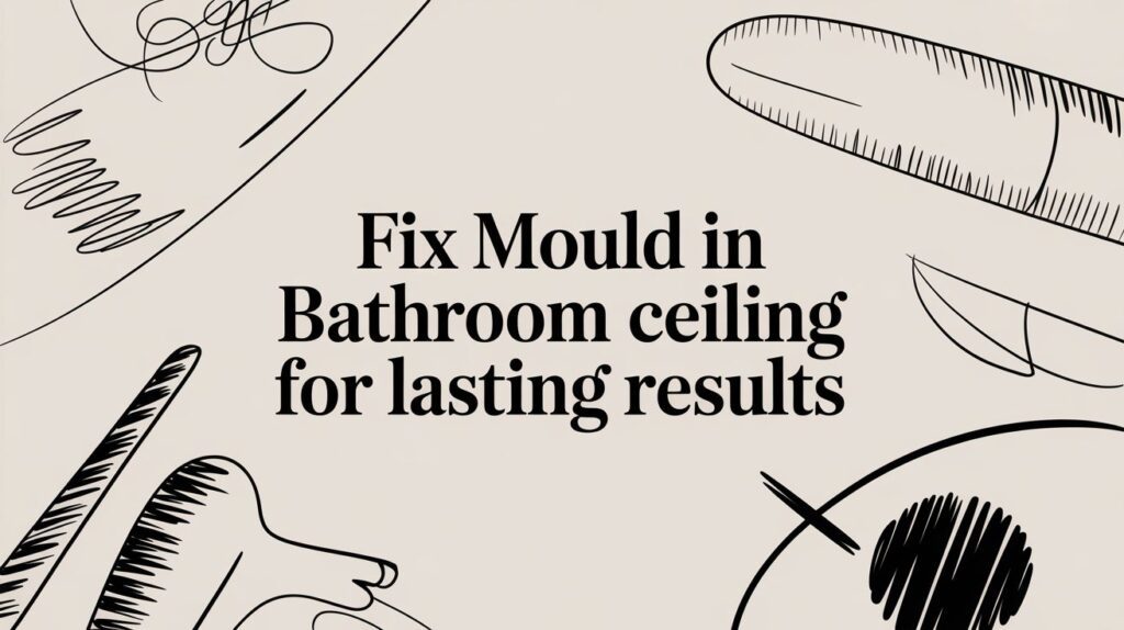 Text on a light background reads, "Fix Mould in Bathroom ceiling for lasting results," surrounded by abstract black line drawings in the corners.