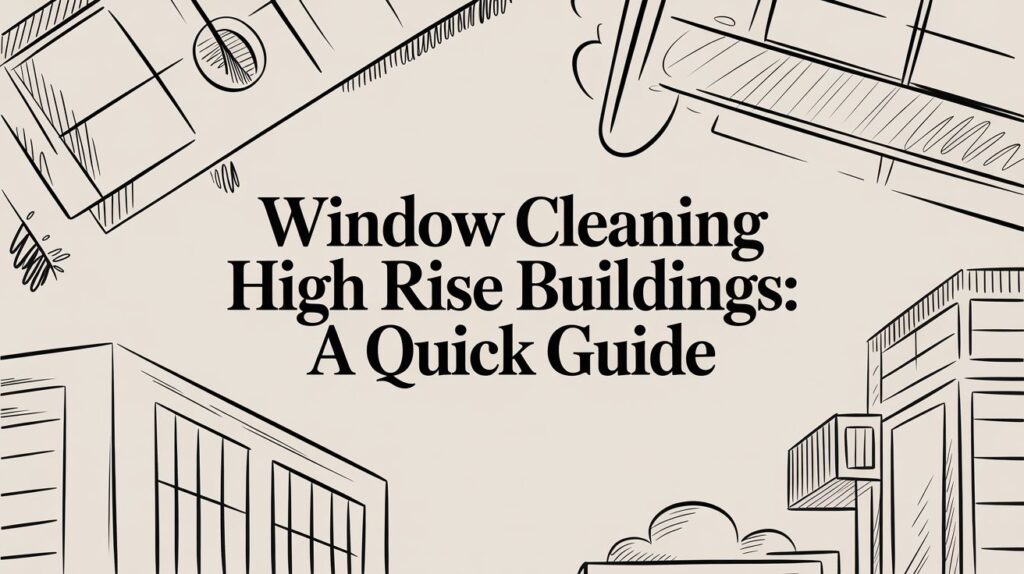 Illustrated border of skyscrapers and rooftops surrounds the bold title "Window Cleaning High Rise Buildings: A Quick Guide" on a light background.