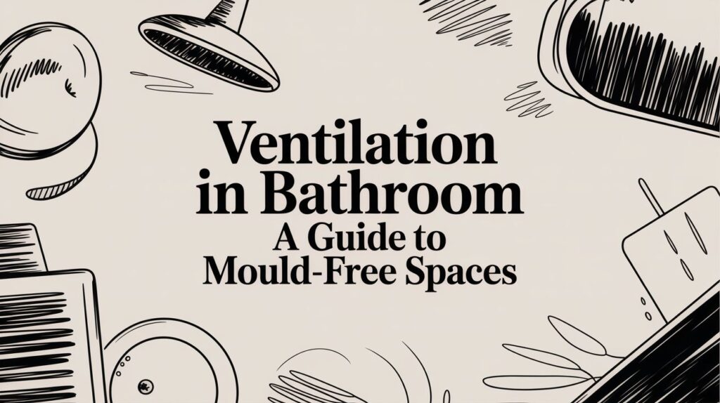 Illustrated graphic with the text: "Ventilation in Bathroom: A Guide to Mould-Free Spaces" surrounded by black-and-white sketches of bathroom items like a showerhead, soap dish, and brush.
