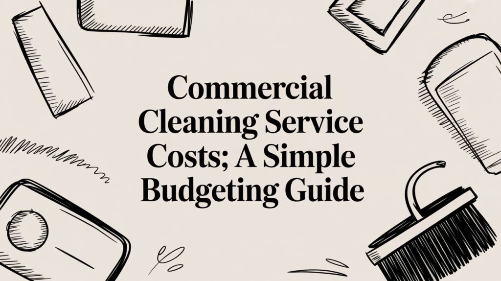 Commercial Cleaning Service Costs; A Simple Budgeting Guide text surrounded by black line drawings of cleaning supplies on a light background.