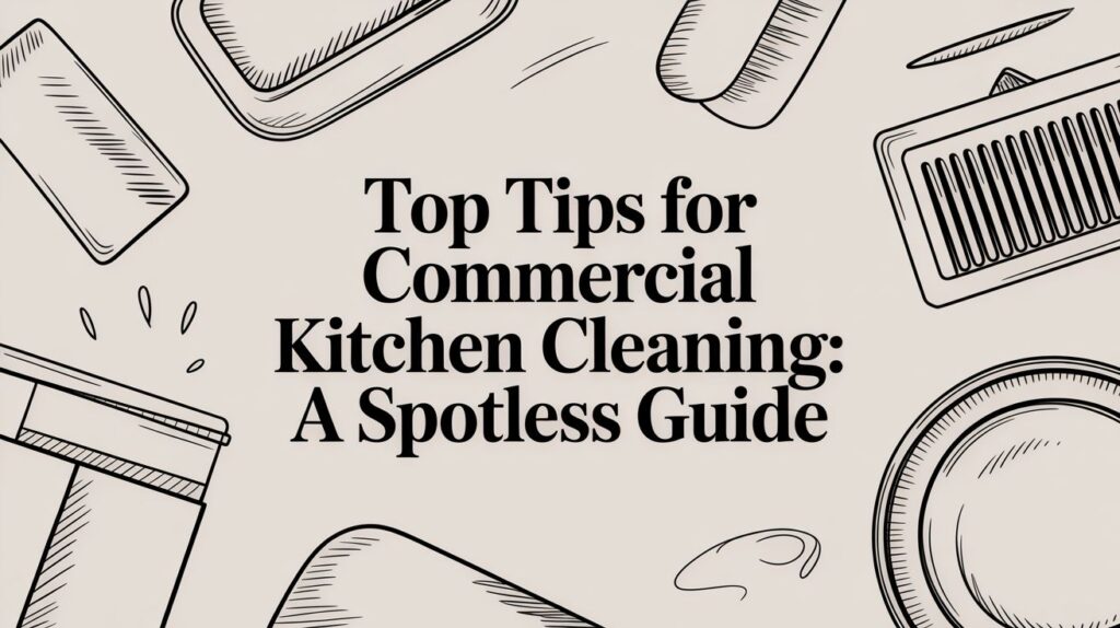 Text reads "Top Tips for Commercial Kitchen Cleaning: A Spotless Guide" in bold letters, surrounded by black-and-white illustrations of kitchen items like trays, a whisk, a container, and a plate.