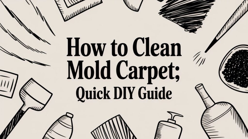 Illustrated banner with cleaning tools and supplies surrounding the text: "How to Clean Mold Carpet; Quick DIY Guide." The background is light, and the illustrations are in black sketch style.