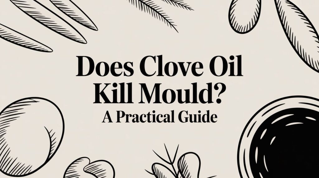 Text reads "Does Clove Oil Kill Mould? A Practical Guide" in bold font. The background is light with black, hand-drawn illustrations of clove leaves and spices around the edges.