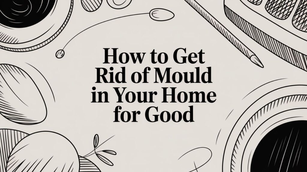 Black text reading "How to Get Rid of Mould in Your Home for Good" is centered on a beige background with black-and-white line art illustrations of household items and plants framing the edges.