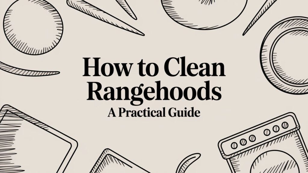 Text in the center reads, “How to Clean Rangehoods: A Practical Guide,” surrounded by simple line drawings of kitchen utensils and stove elements on a light background.