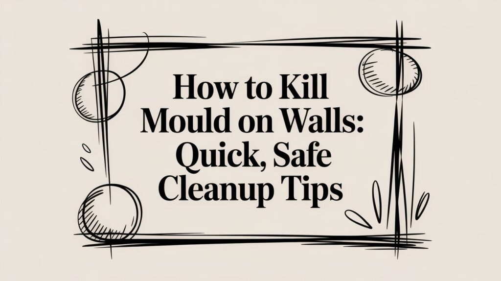 Text graphic with a rough, sketched border and circles, displaying the words: "How to Kill Mould on Walls: Quick, Safe Cleanup Tips" on a light background.