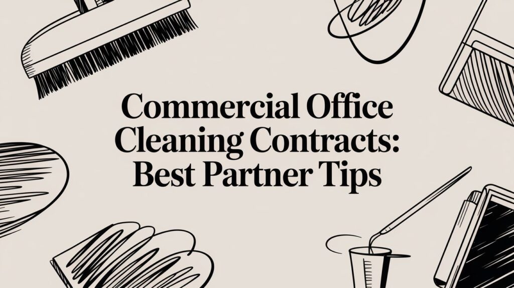 Text reads "Commercial Office Cleaning Contracts: Best Partner Tips" with illustrated cleaning tools like a broom, bucket, and mop surrounding the text on a beige background.