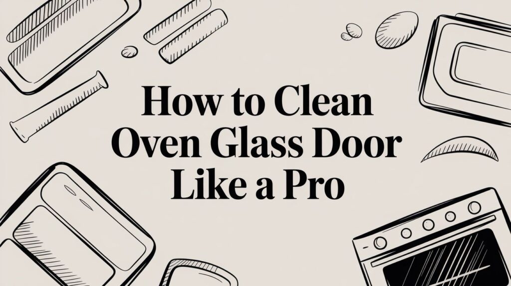 Black line drawings of oven parts and kitchen items frame the text “How to Clean Oven Glass Door Like a Pro” on a light background.