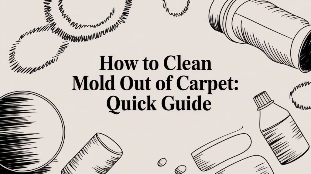 Text reads “How to Clean Mold Out of Carpet: Quick Guide” surrounded by black line drawings of a spray bottle, scrubbing brush, and cleaning supplies on a beige background.