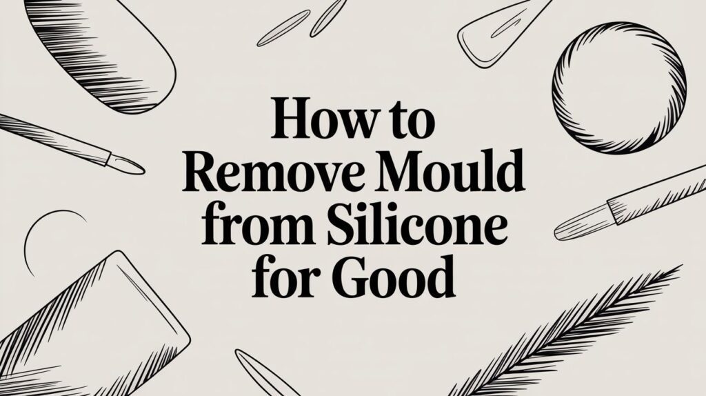 Text on a beige background reads, "How to Remove Mould from Silicone for Good," surrounded by black line drawings of household items and a feather.