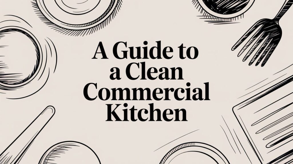 Text reads "A Guide to a Clean Commercial Kitchen" on a beige background with sketched outlines of plates, bowls, a fork, and a knife in the corners.