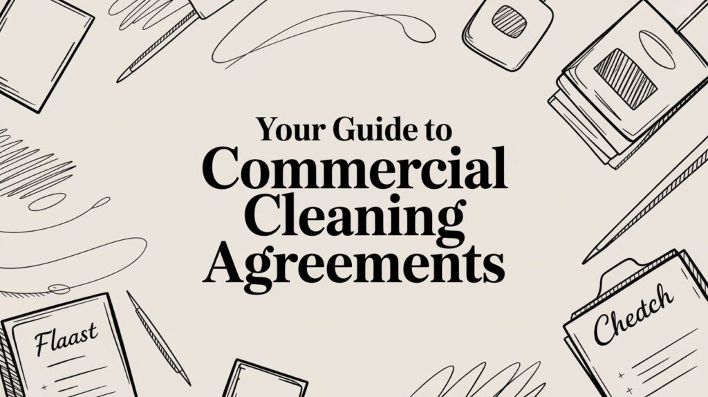 Text reads "Your Guide to Commercial Cleaning Agreements" surrounded by drawings of documents, pens, and cleaning-related items on a beige background.
