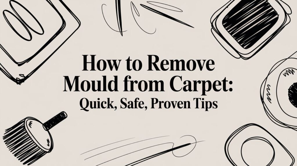 Text reads "How to Remove Mould from Carpet: Quick, Safe, Proven Tips" in bold. Surrounding the text are black sketch-style drawings of cleaning tools and supplies on a light background.