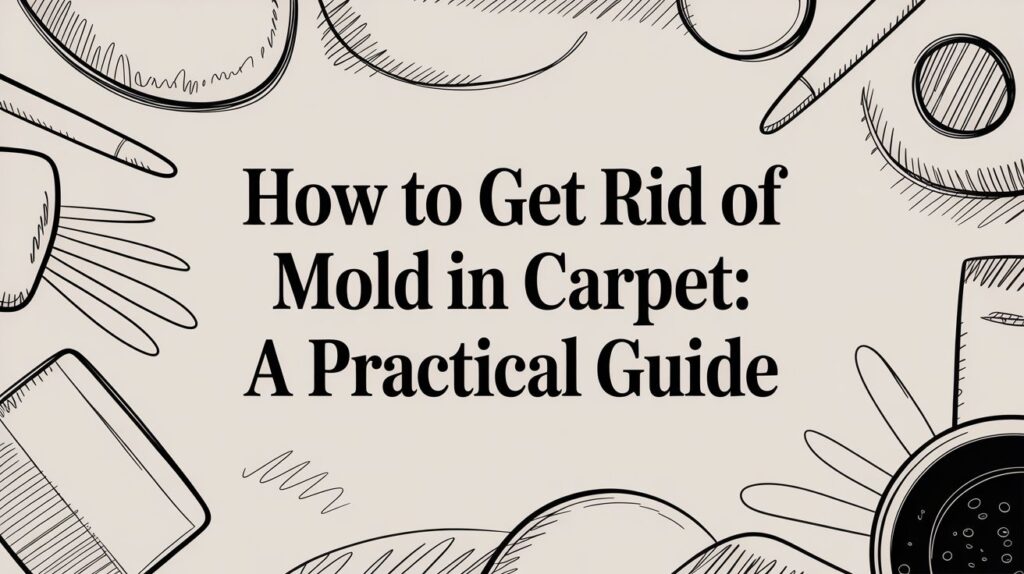 Illustrated border of household items surrounds bold text reading “How to Get Rid of Mold in Carpet: A Practical Guide” on a beige background.