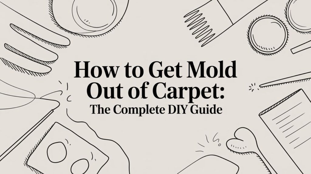 Black text on a light background reads, "How to Get Mold Out of Carpet: The Complete DIY Guide," surrounded by hand-drawn cleaning tools and household items in black outlines.