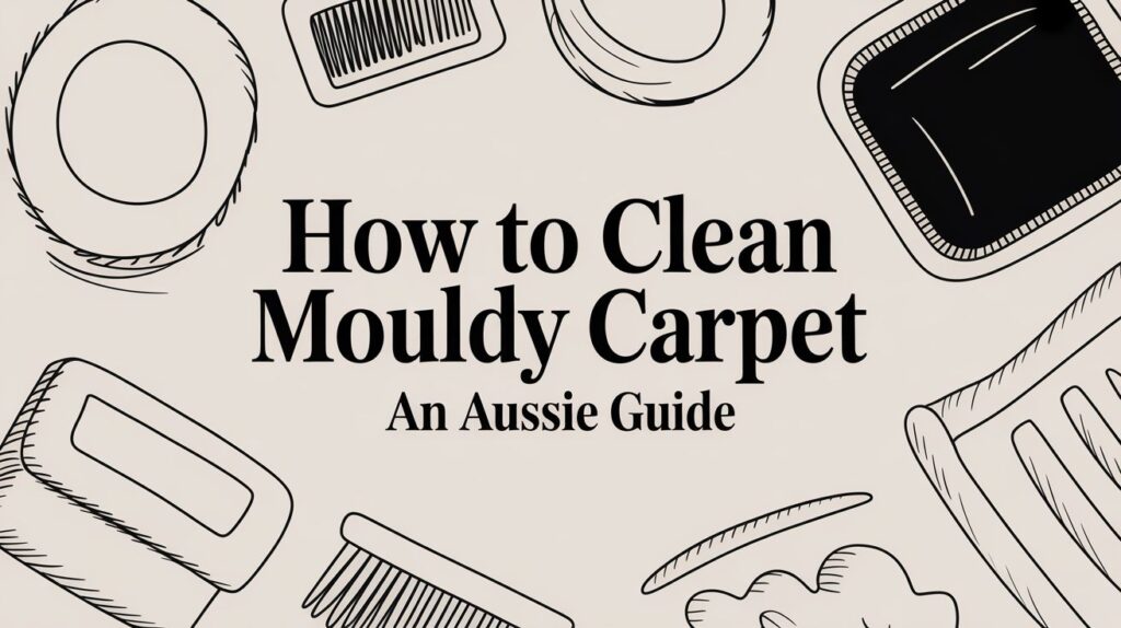 Text reads "How to Clean Mouldy Carpet: An Aussie Guide" in bold letters, surrounded by simple black line drawings of brushes and cleaning tools on a light background.
