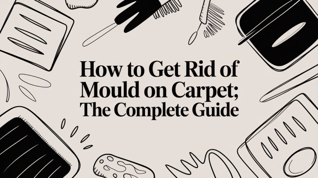Text reading “How to Get Rid of Mould on Carpet; The Complete Guide” is centered on a beige background with black line drawings of cleaning supplies, such as brushes and sponges, surrounding the text.