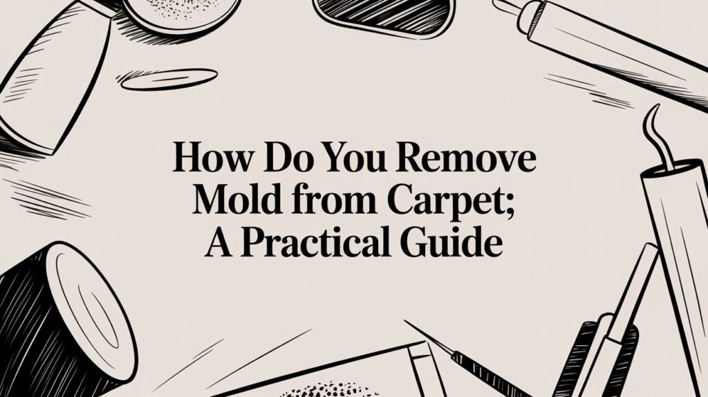 Black and white illustration with various cleaning tools around the border and the text: "How Do You Remove Mold from Carpet; A Practical Guide" in the center.