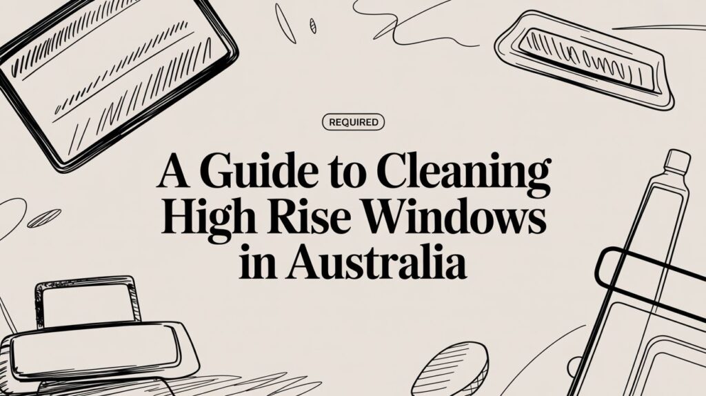 Illustrated banner with cleaning supplies and the text: "A Guide to Cleaning High Rise Windows in Australia" in bold black letters on a light background.