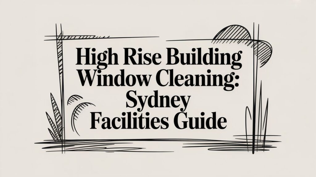 Text reads “High Rise Building Window Cleaning: Sydney Facilities Guide” in bold font, surrounded by a hand-drawn rectangle with abstract lines, plants, and shapes on a light background.
