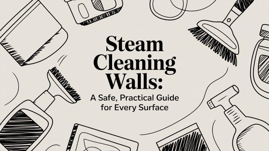 Illustration of cleaning tools like brushes, spray bottles, and sponges around the text "Steam Cleaning Walls: A Safe, Practical Guide for Every Surface" on a beige background.