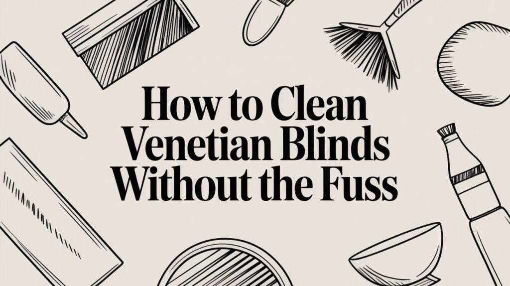 Sketch-style illustrations of cleaning supplies surround bold text that reads: "How to Clean Venetian Blinds Without the Fuss" on a light background.