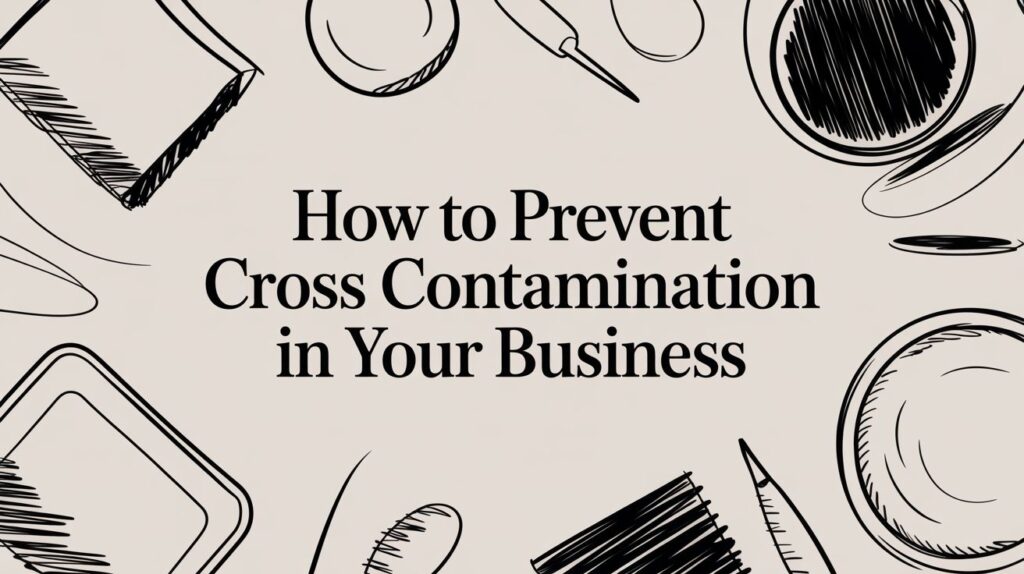 Text reading "How to Prevent Cross Contamination in Your Business" surrounded by sketched outlines of various office and business supplies on a light background.