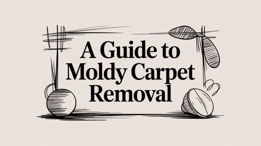 Text reads “A Guide to Moldy Carpet Removal” in bold black font, surrounded by hand-drawn sketch lines and abstract shapes on a light beige background.