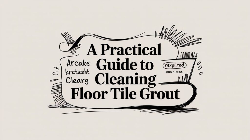 Hand-drawn black and white illustration with the text "A Practical Guide to Cleaning Floor Tile Grout" and doodles of clouds, lines, and other decorative elements around the main title.