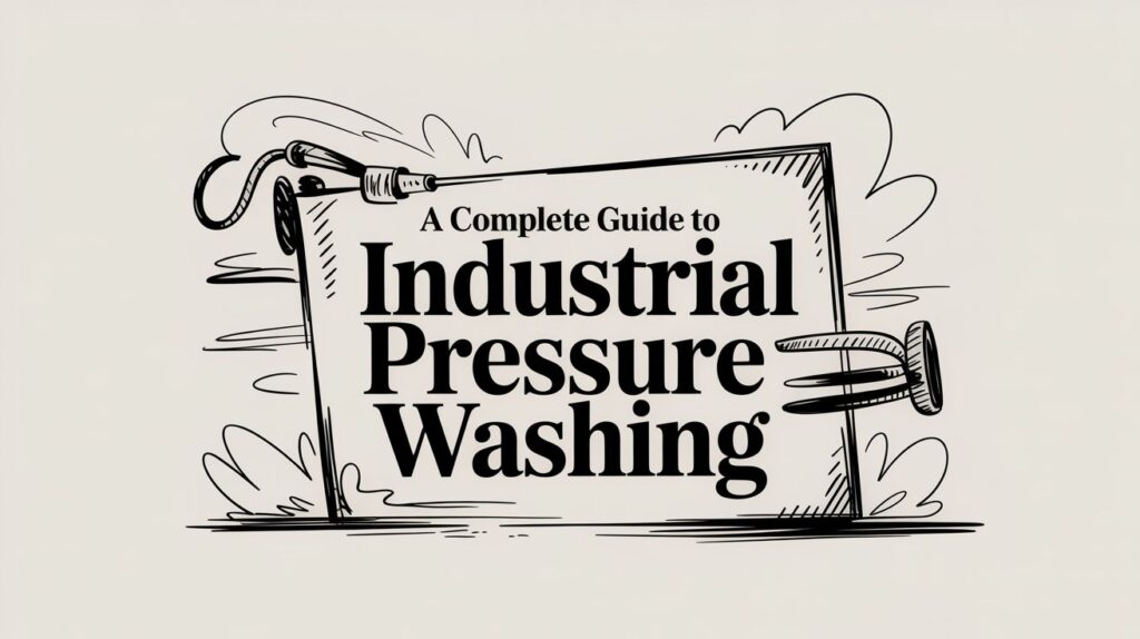 A black-and-white illustrated sign reads "A Complete Guide to Industrial Pressure Washing," with a pressure washer wand spraying water around the edges.